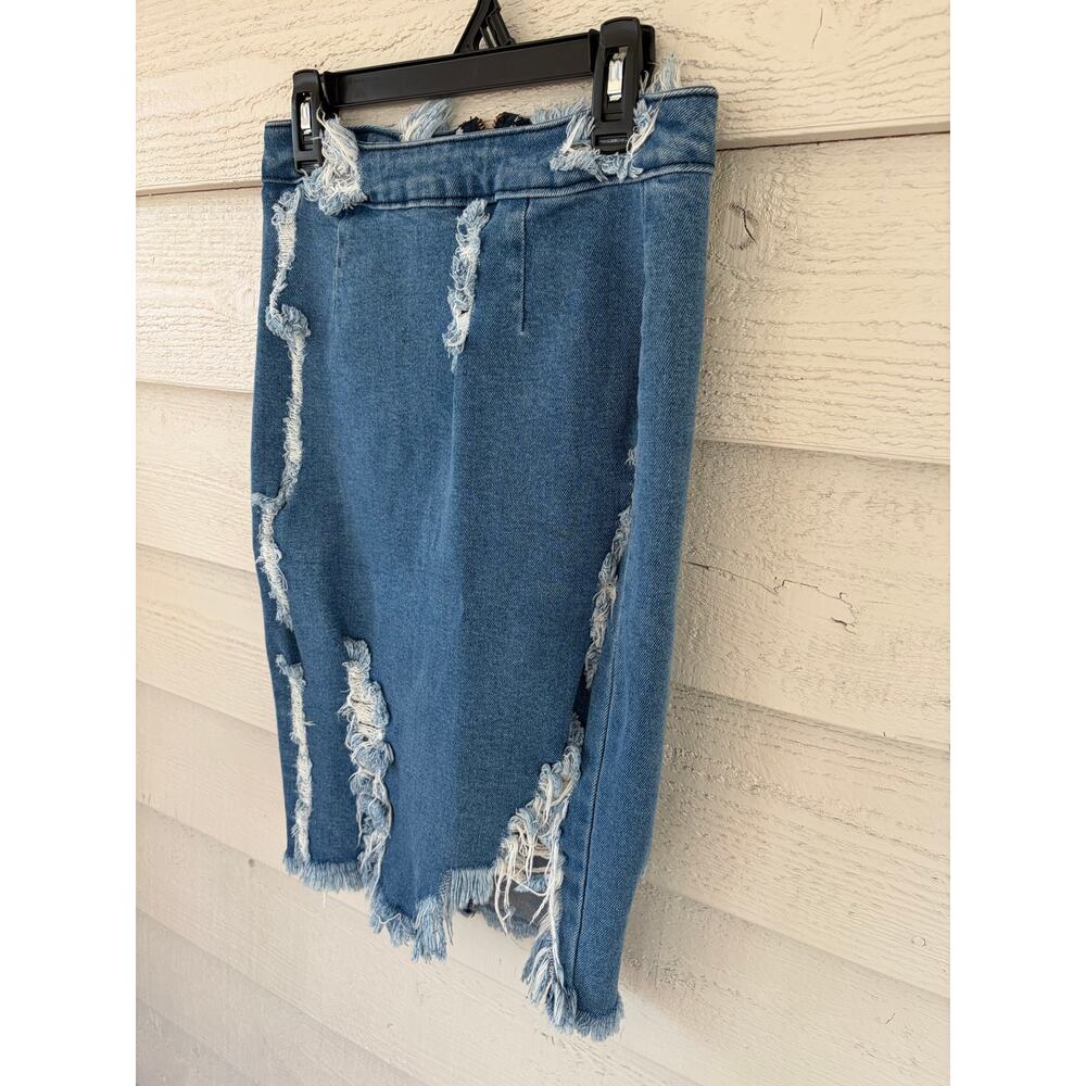 Vibrant M.I.U Distressed Denim Pencil Skirt Size M Made in USA High Waist - Picture 3 of 6